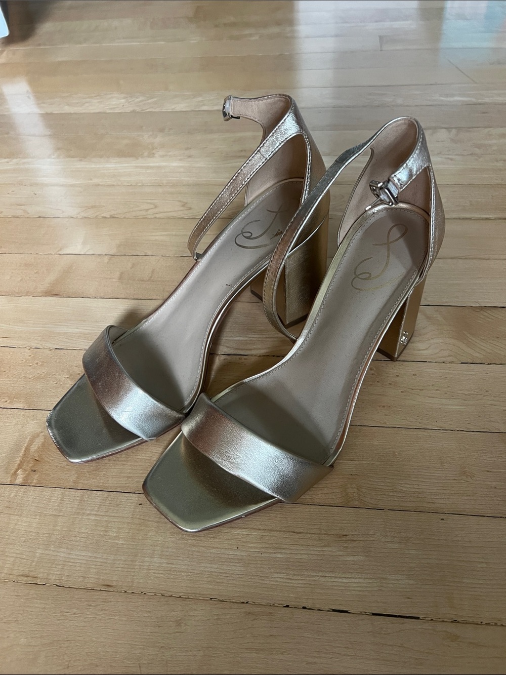 Sam Edelman Metallic Rose Gold Block Heel Ankle-Strap Sandals